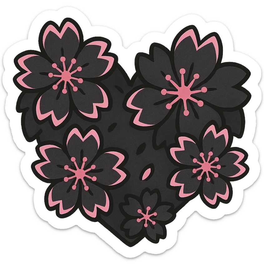 goth sakura heart, heart made of black sakura petals with more pink accents, adorable and bold sticker