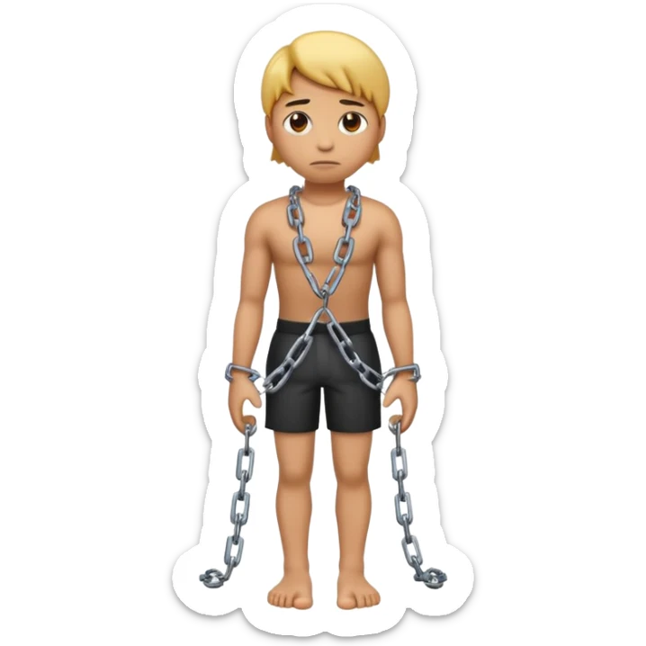 A 3D emoji of a person in Apple style with chains on hands and feet, standing with a sad expression. The posture is slightly slouched, showing captivity. Clean, glossy Apple-style rendering, isolated on white background.



 sticker