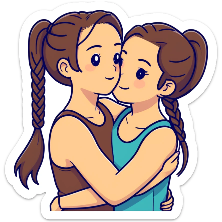 Comforting Hug two white skin women, one shorter woman with medium brown simple top ponytail, not braided, and one taller skinny sad face woman with a single long black side braid sticker