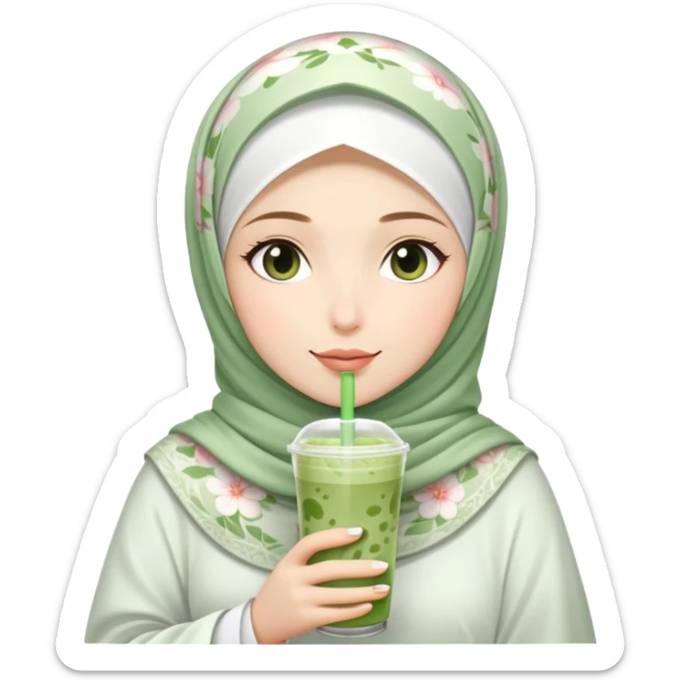 White hijab girl wearing flower hijab holding iced matcha drink sticker