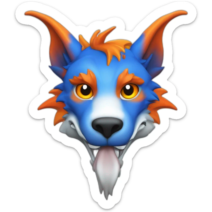 Un dragon mi loup de couleur rouge, bleu, blanc et orange moutardes, avec des corne de bélier orange moutard. Il qui crache du feux sticker