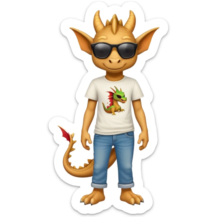 friendly anthropomorphised dragon in a hip-hop t-shirt and jeans wearing dark sunglasses sticker