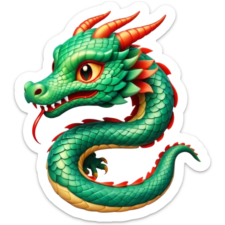 Cinematic Cute Chinese Serpent Dragon Portrait Emoji, Head tilted playfully and inquisitively, showcasing a slender, flowing body with vibrant jade scales and soft vermilion accents intertwined with whimsical wisps of cloud and water details; rendered with realistic finesse and warm natural light, high shine, charming and spirited, styled with a touch of mythic whimsy, soft glowing outline, capturing the essence of a mischievous yet endearing celestial dragon poised to weave magic into your dreams! sticker