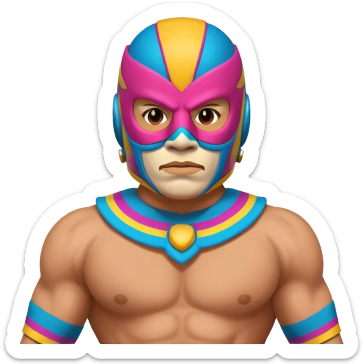 Mexican wrestler portrait, head and shoulders only, colorful luchador mask, muscular collar, confident expression, 3D cartoon, mobile game icon style, clean background, no text, no watermark
 sticker
