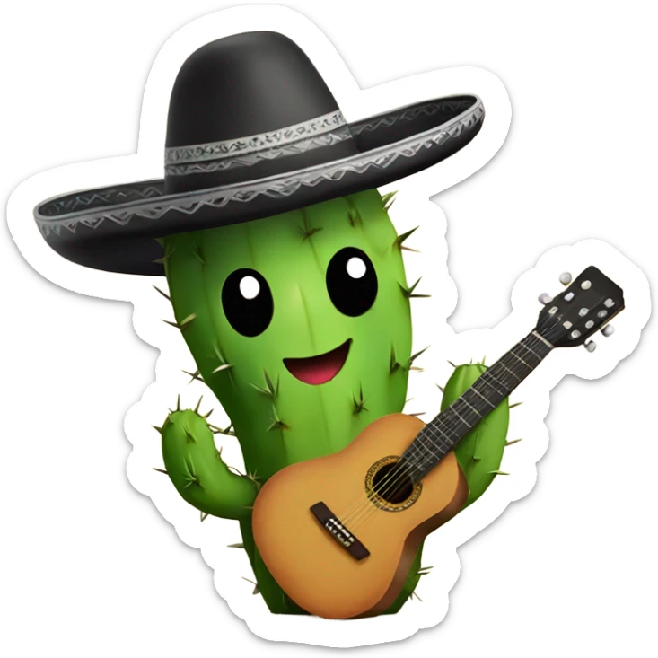 Cute cactus with arms holding a guitar wearing a sombrero with a black curly mustache sticker