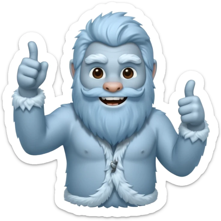 yeti, full body, ice grey blue, full beard, full fur, thumbs up, smiling, winking sticker