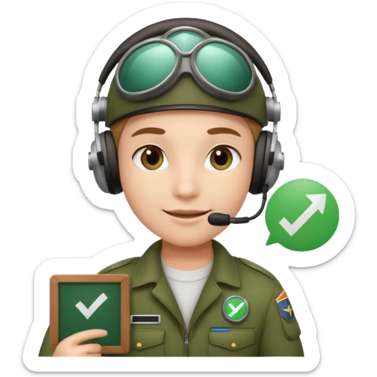 Slack-style emoji of a pilot wearing holding a green board with a white check mark sticker