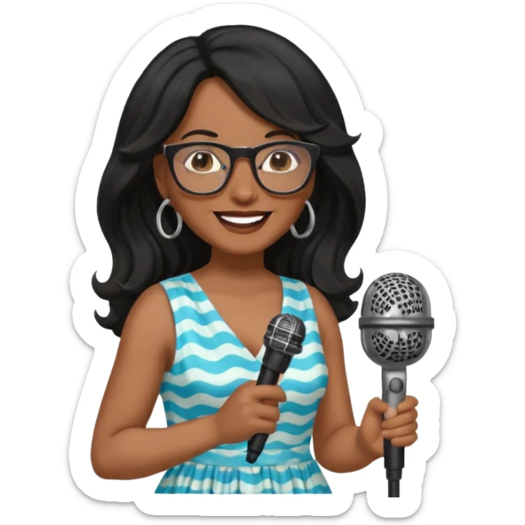 singer, Middle age, long wavy black hair, brown skin, wearing dress, holding mic, glasses sticker