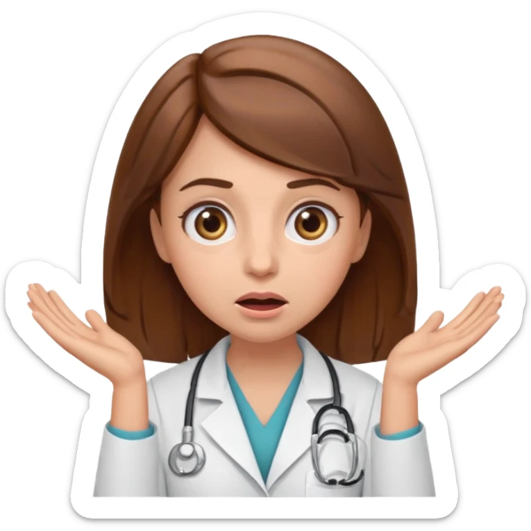 Surprised female doctor emoji with brown hair, both hands on her cheeks, big expressive eyes, clean emoji style sticker