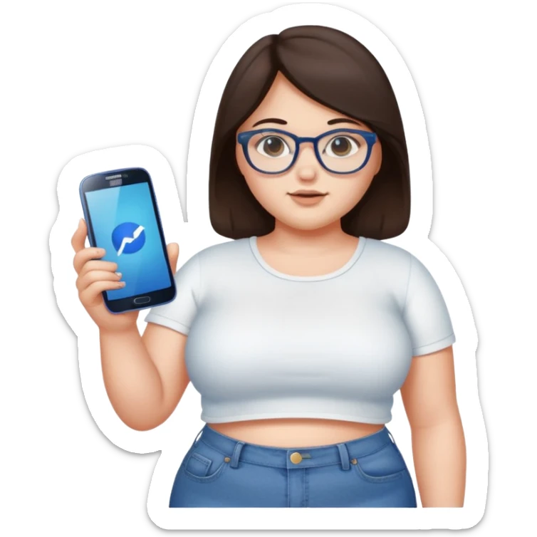 chica adolescente gordita ,pelo castaño oscuro,crop top blanco ,jeans vaqueros, espejuelos y un celular samsumg en su mano izquierda  sticker