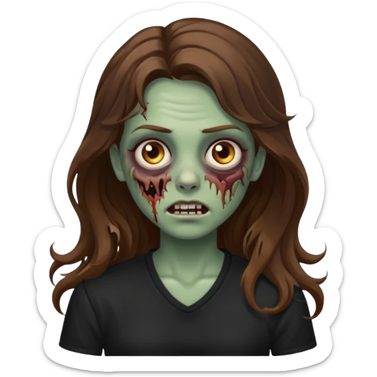 Zombie girl with wavy long brown hair And black shirt emoji sticker
