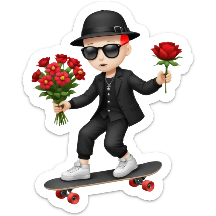 ["A sad boy with pale skin, bald, wearing a sunhat and sunglasses, dressed in goth fashion, is skateboarding while holding a flower bouquet."] sticker