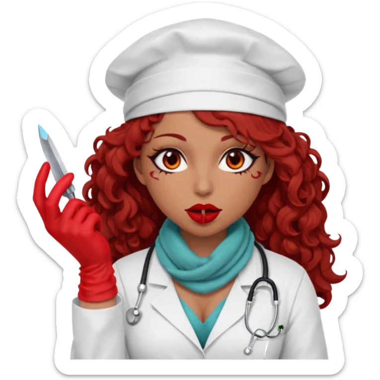 Lilith scalpel in hand, evil surgeon sexy surgeon clothes.  She has red eyes.  Hair is long. Hair is brown and curly hair. Wears sexy doctor outfit with red gloves. Sexy surgeon working for Cartel uses scarf to Cover mouth and sticker