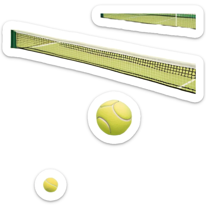 A tennis court with perfectly marked lines and a tennis ball resting near the baseline. The scene highlights the open space of the court, with a net dividing the two sides, capturing the focus and athleticism of the sport. sticker