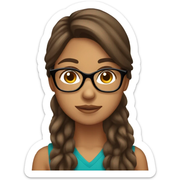Hispanic, long Brown hair, girl with glasses, holding tan yorkie sticker