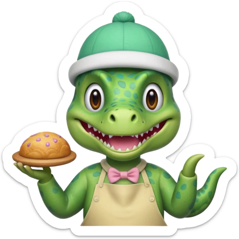 quiero un dinosaurio divertido con delantal y gorro de pastelero y en la mano un pastel sticker