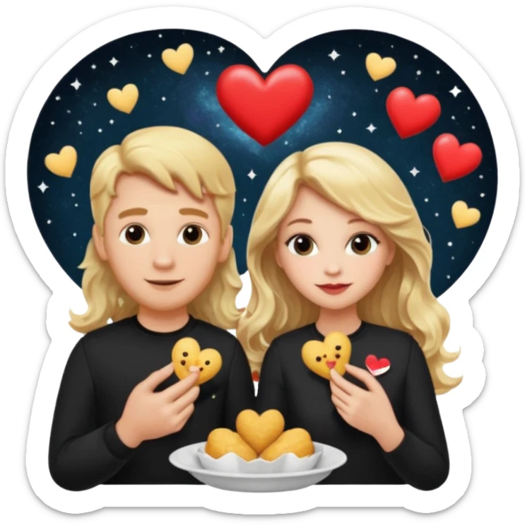 Couple with blonde hair wearing black eating chick filet hearts and outer space in the background. The girl has long wavy hair . sticker