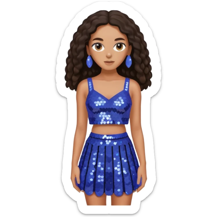 Solange with dark brown long hair, periwinkle sequin crop top and skirt sticker