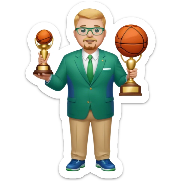 Full Body white fat male  wearing glasses with a goatee with strawberry blond very short hair basketball head Coach in blue and green suit holding trophy sticker
