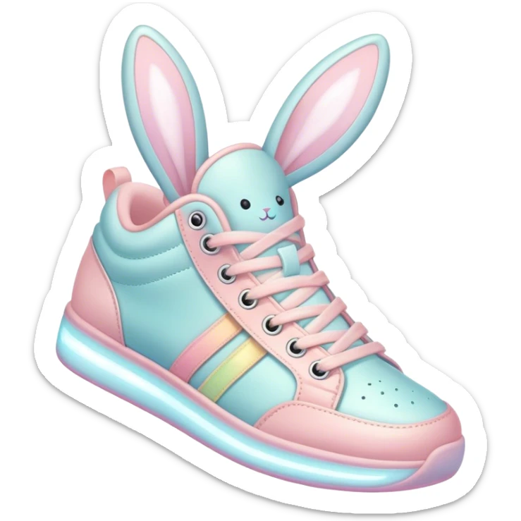 Cute Kawaii Shoe, small and bouncy, soft pastel sneakers with glowing highlights, cute sparkling eyes, a happy cheerful expression, laces tied like bunny ears! sticker