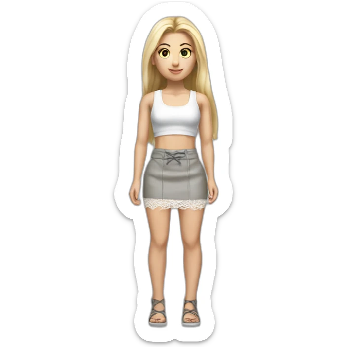 hyperrealistic caucasian female, long straight blonde hair, grey mini pencil skirt, white lace up crop tanktop sticker