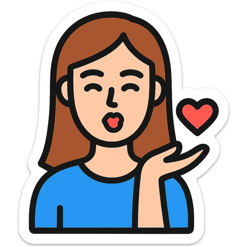 icon of a fair-skinned woman with straight, chestnut hair sending a kiss to the viewer, clean lines, minimal and clear design sticker