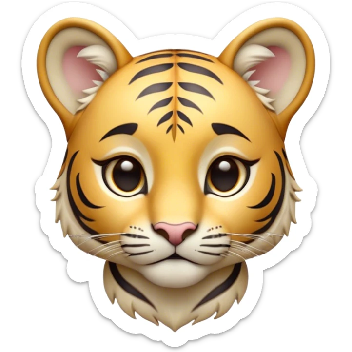 Cinematic Noble Tiger Cub Portrait Emoji, Poised with a hint of regal innocence, featuring a compact, soft build adorned with delicate stripes and large, expressive eyes, Simplified yet sharp and sophisticated features, highly detailed, glowing with a gentle, wild luminescence, high shine, intelligent and endearing, stylized with an air of youthful authority, focused and attentive, soft glowing outline, capturing the essence of a tiny jungle guardian that appears ready to pounce out of the screen with effortless charm! sticker