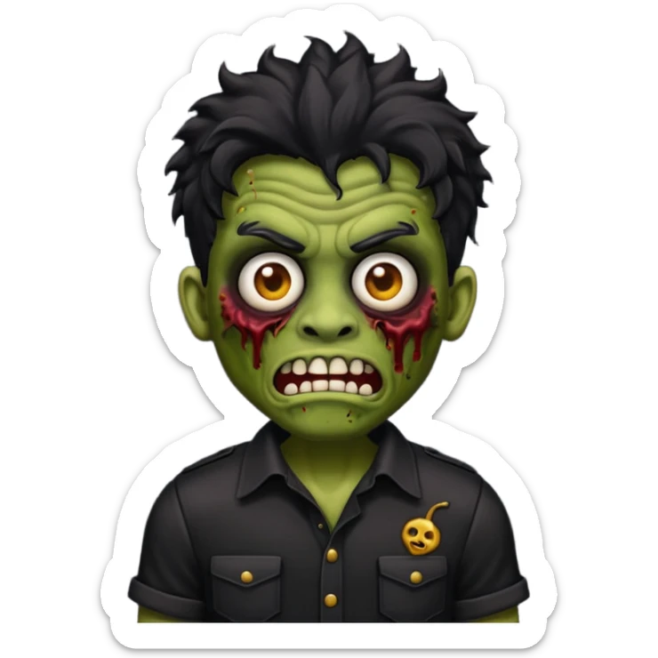 Emoji masculino de zumbi estilo iPhone,com cabelo ondulado grande e preto, camisa preta e brincos sticker