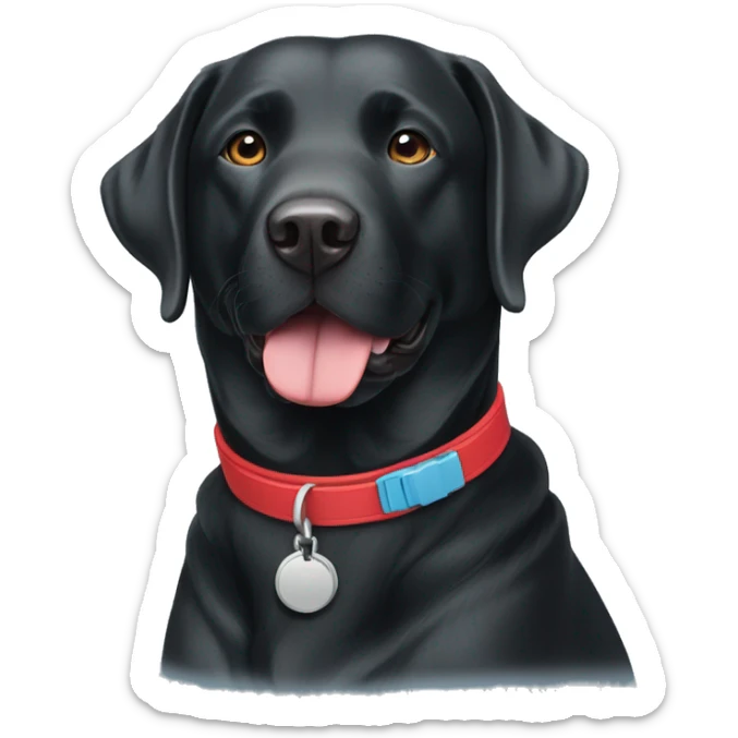 one happy adult BLACK labrador with a red collar next to another happy adult BLACK labradors with a light blue collar. sticker