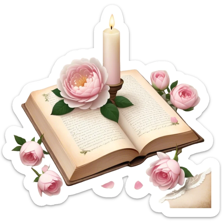 A beautifully aged book of poetry, open beside a softly glowing candle, with scattered blush pink rose petals and white peony blossoms decorating the vintage lace-covered surface.
 sticker