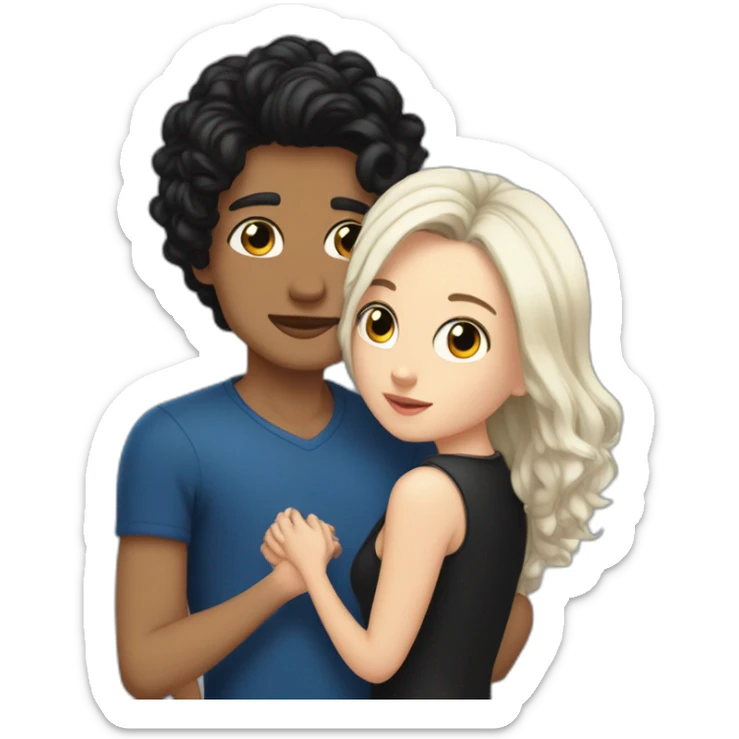 A white tall girl with shoulder length black hair kissing a taller boy with tiny black hair and clean shave  sticker