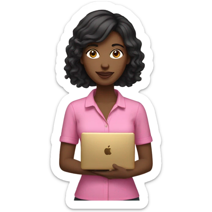 Black hair woman wearing pink shirt holding a gold macbook sticker