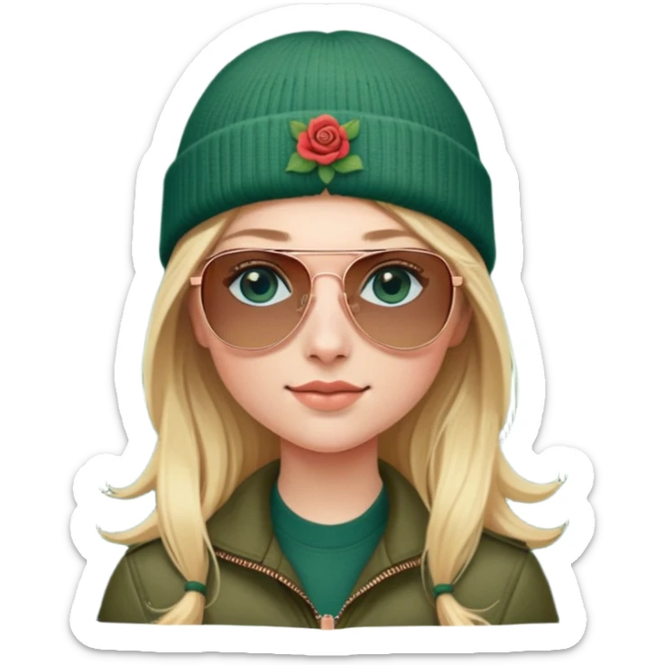 girl with long blond hair
with blue eyes
and aviator sunglasses
wearing beanie
wearing (rose gold apple watch with forest green band) sticker