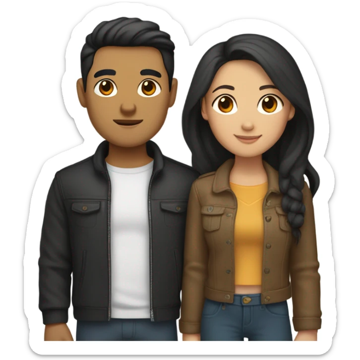 a couple holding hands. the guy has black middle part hair and is Persian and Filipino mix, wearing a jacket. the girl has brown hair white and asian mix, wearing a crop top. sticker