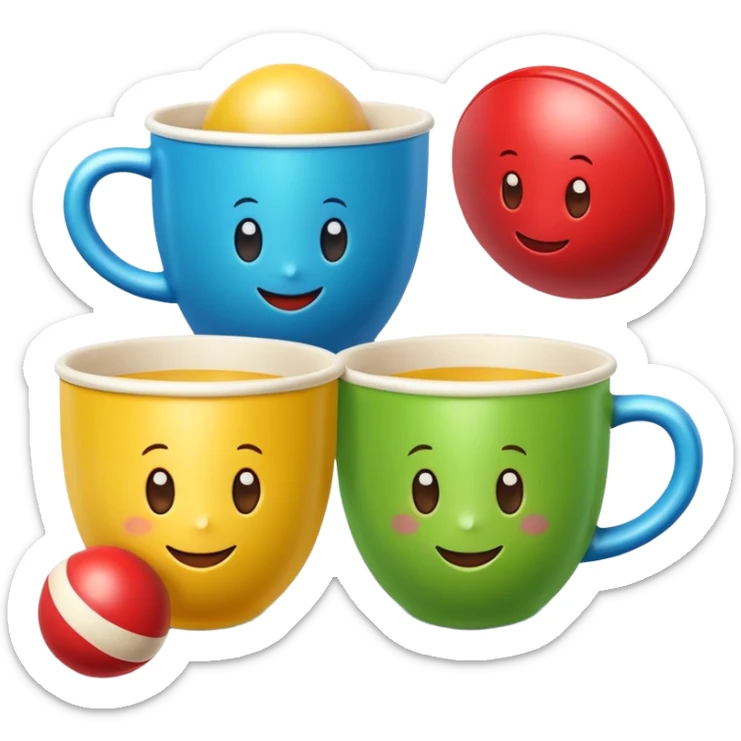 Cute 3D cartoon emoji sticker of a cup and ball shell game with three glossy plastic cups (blue, green, red) and a yellow ball, soft lighting, smooth shadows, playful, white sticker outline, transparent background, high resolution. sticker