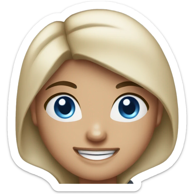 A girl with fair skin and dark hair , blue eyes , smiling and wearing boxing gloves sticker