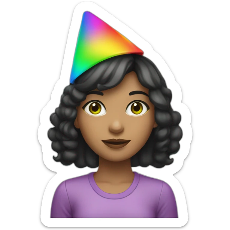 girl with dark hair and green eyes in rainbow party hat  sticker