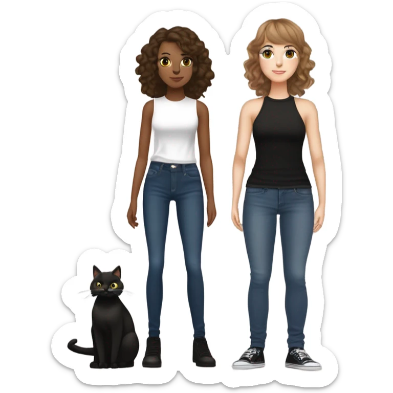 tall skinny white brown haired girl with brown eyes wavy hair and curtain bangs wearing dark wash jeans and black high neck tank top and black mary jane heel shoes standing full body and holding fat black cat with white spot on its belly sticker
