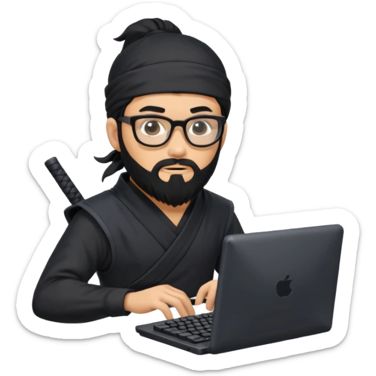 Man with black hair and beard wearing glasses in a ninja costume. Keep the top left version, make the beard longer and replace the sword on his back with a computer keyboard  sticker