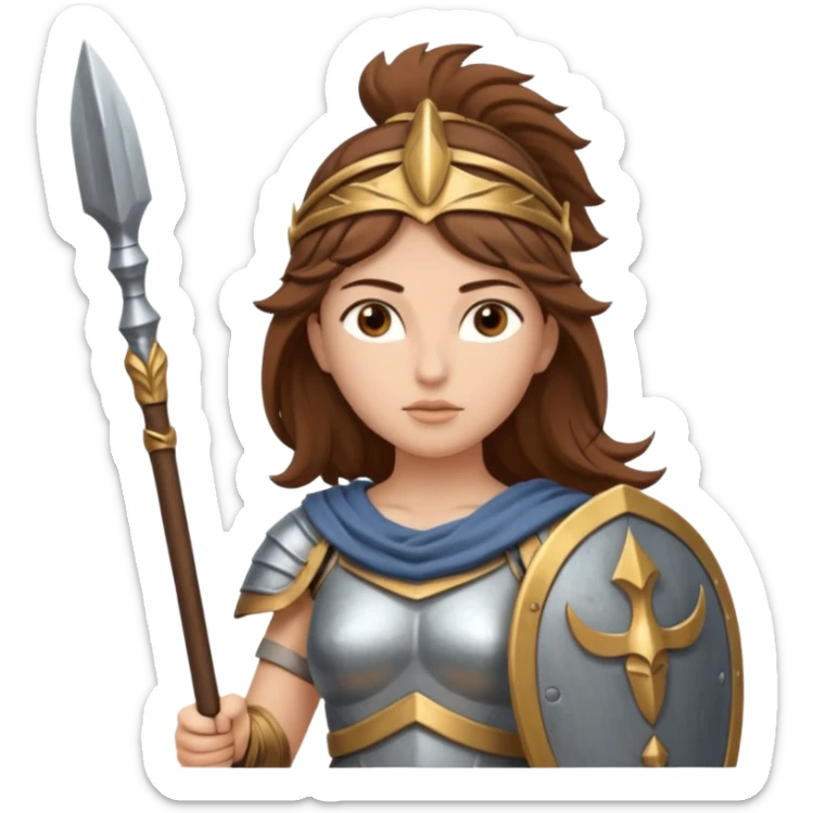 brown haired Athena the Greek goddess of disciplined, strategic warfare, calm, commanding figure leading with intelligence not force. wears light armour carries a spear, symbolising protection precise judgement. strategy, not aggression, embodying clarity, foresight and decisive action. sticker