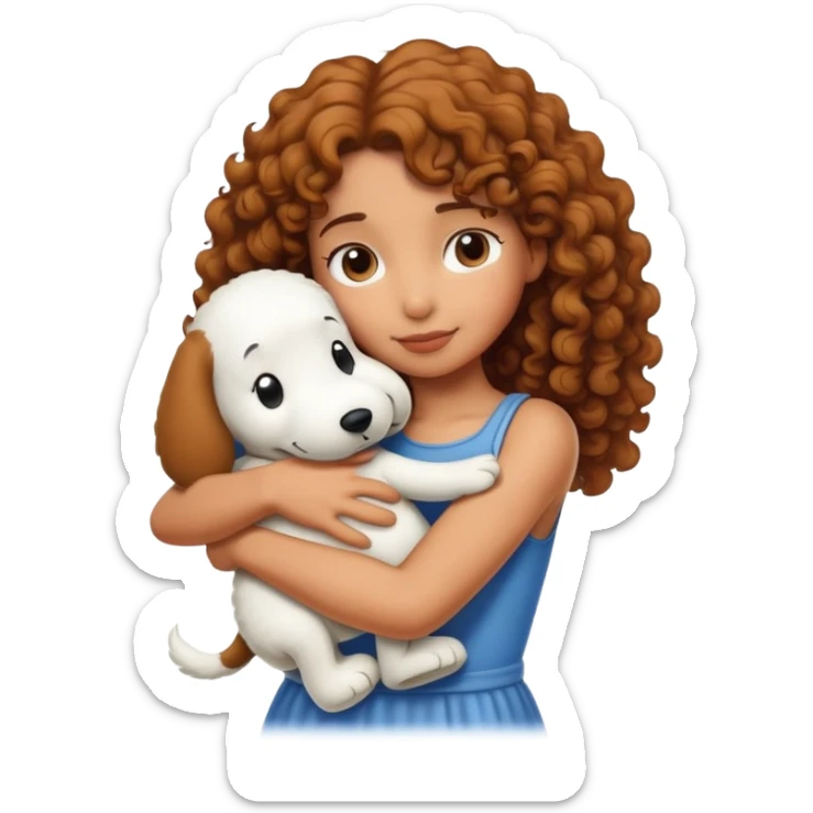 Girl with tan skin and curly hair hugging snoopy sticker