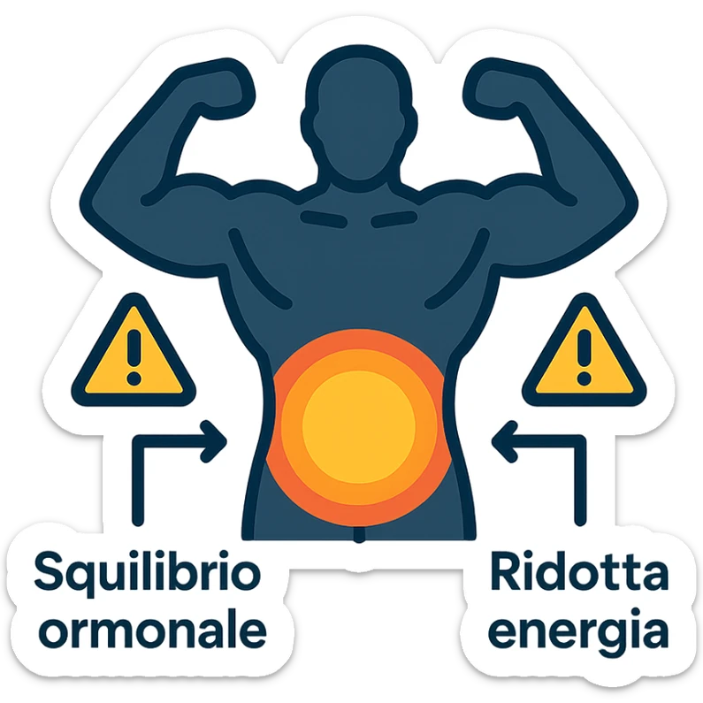 infografica in italiano, silhouette di bodybuilder con zona pelvica evidenziata da alone arancione, frecce che indicano Squilibrio ormonale e Ridotta energia, icone di attenzione, stile educativo, sfondo bianco sticker