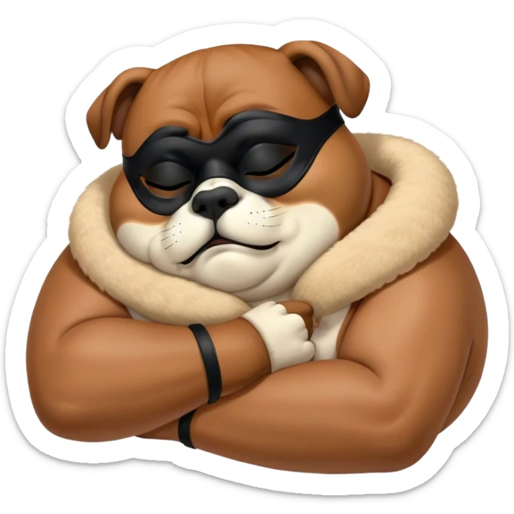Cinematic Chubby Sleeping Boxer Portrait Emoji, Chubby and serene, with a stocky, adorable build and a smooth fawn coat accented by a distinctive black mask, eyes gently closed in peaceful slumber, Simplified yet irresistibly endearing features, highly detailed, glowing with a gentle, dreamy glow, high shine, relaxed and content, stylized with a touch of whimsy, bright and heartwarming, soft glowing outline, capturing the essence of a blissfully sleepy guardian, so comically serene it feels like it could roll out of the screen and snore with adorable charm! sticker