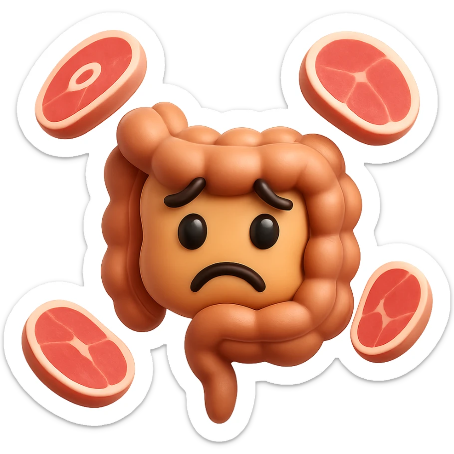 emoji stile iphone in 3d di un intestino triste con fette di carne che gli fluttuano intorno sticker