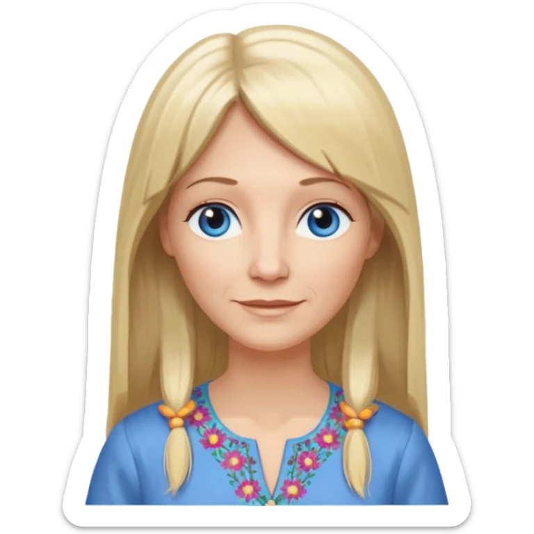 50 yr old white woman, hippie part bangs, very long straight blond hair, oval face, small smile, blue eyes, thin face, hair downback, hair parted at center of head, round cheeks, pale, longer hair, dress shirt sticker