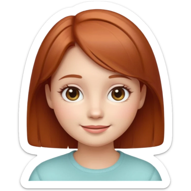 “Cute girly emoji portrait, warm friendly smile, short auburn hair with soft shine, rounded facial features, pastel color palette, subtle blush on cheeks, simplified facial details, soft gradient shading, cozy and feminine emoji style, clean light background. sticker