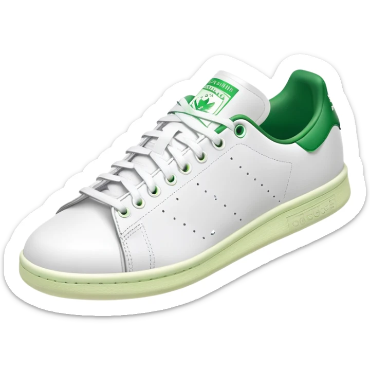 Adidas Stan Smith in white and green colorway, simple clean tennis shoe, white leather with green details, angled view, isolated sticker