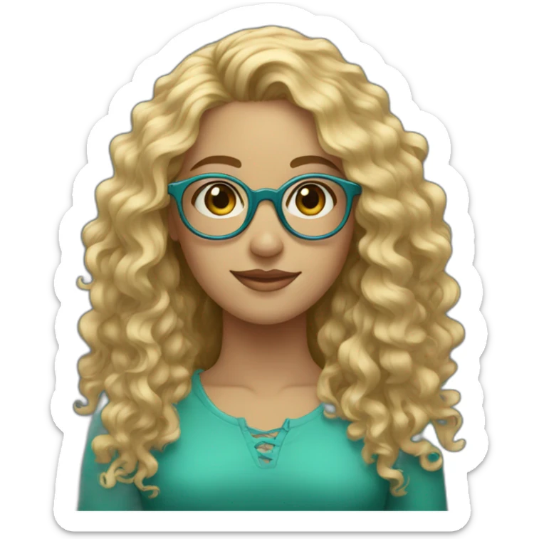 a young woman with long blonde curly hair, golden round glasses and blue-green eyes sticker