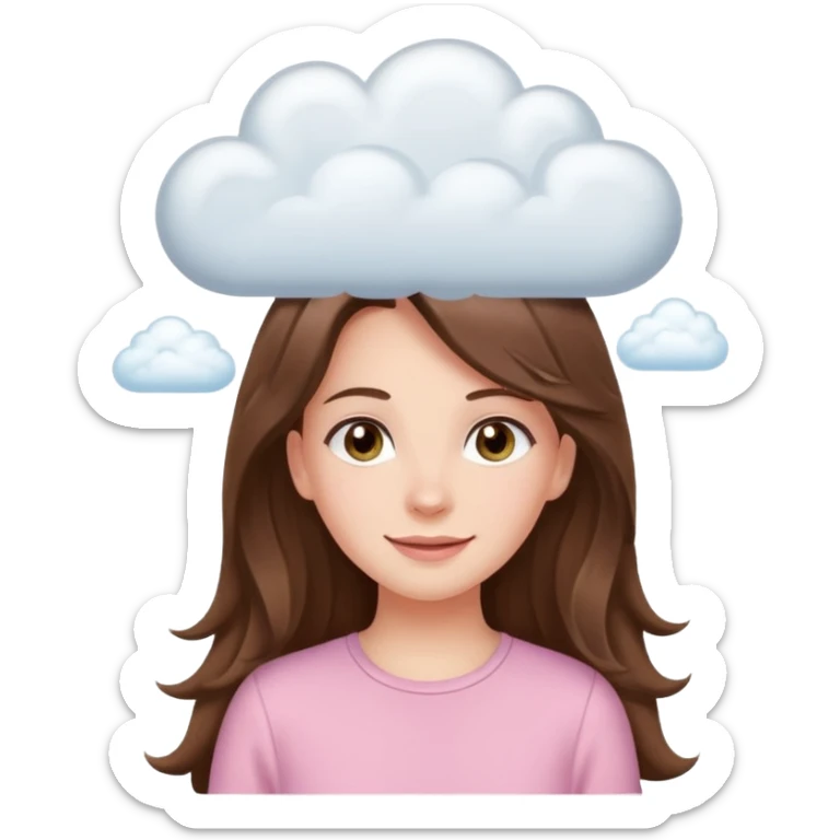 happy white long brunette hair girl with hazel eyes in light pink with white cloud thought bubble sticker