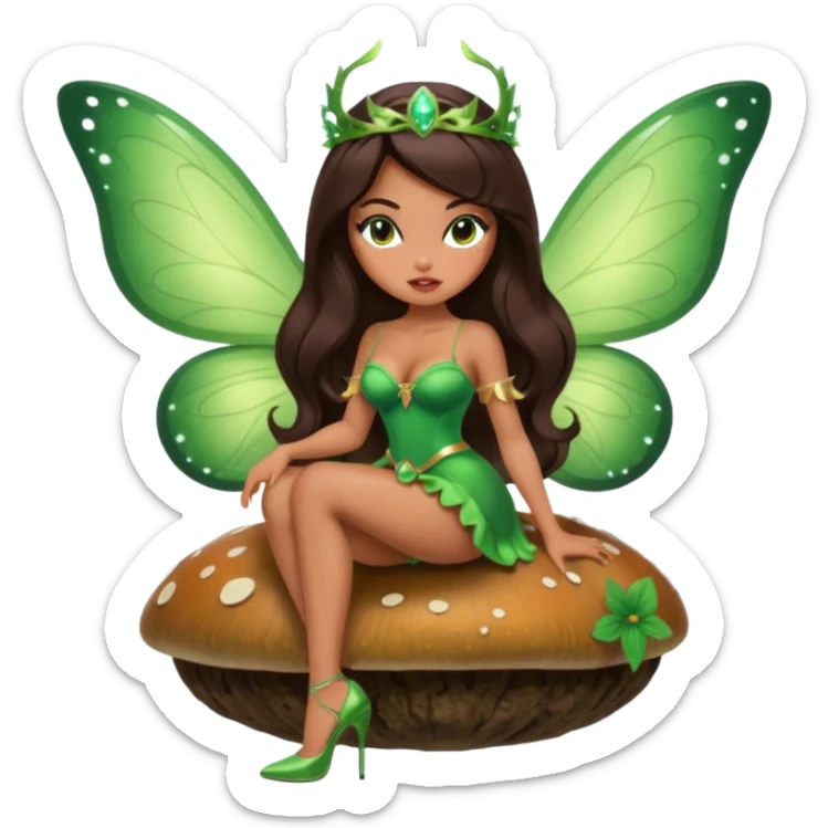 A sexy, super pretty bratz girl with caramel skin. Huge tits. Dark brown hair and brown eyes. She has freckles. Wearing sexy makeup. Wearing a green fairy costume and heels and flying nsfw sitting on a mushroom sticker